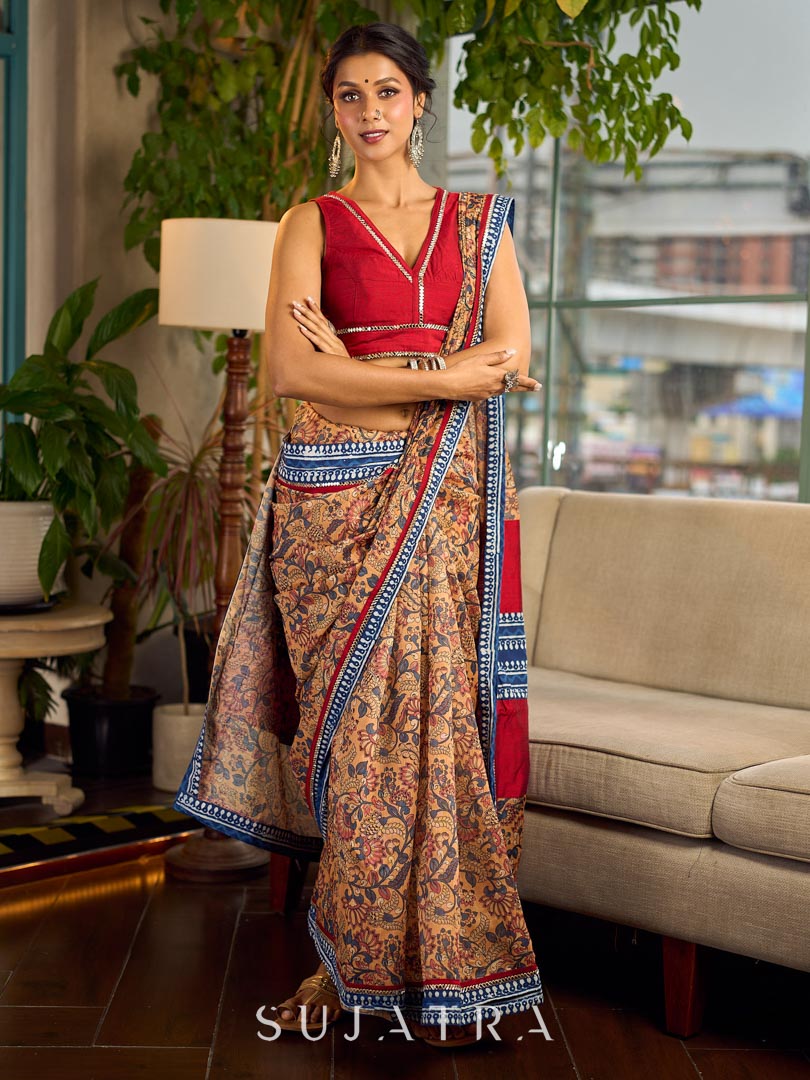 Elegant Mustard Kalamkari Print Chanderi Saree with Navy Blue Indigo Border
