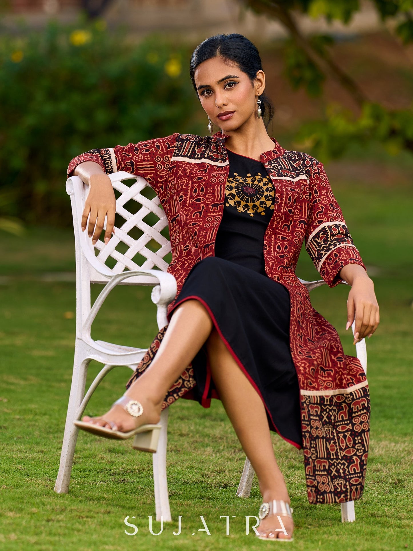 Handcrafted Black Rayon Dress Adorned with Traditional Warli Painting - Jacket Optional