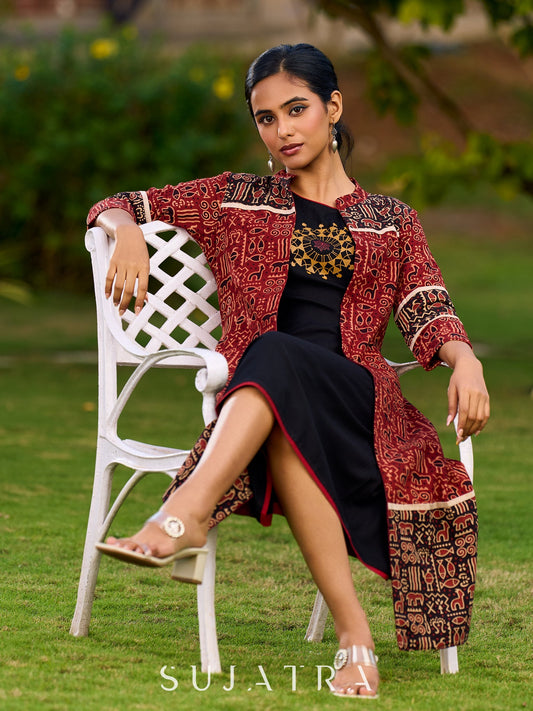 Handcrafted Maroon And Black Ajrakh Jacket Adorned With Animal-Inspired Prints