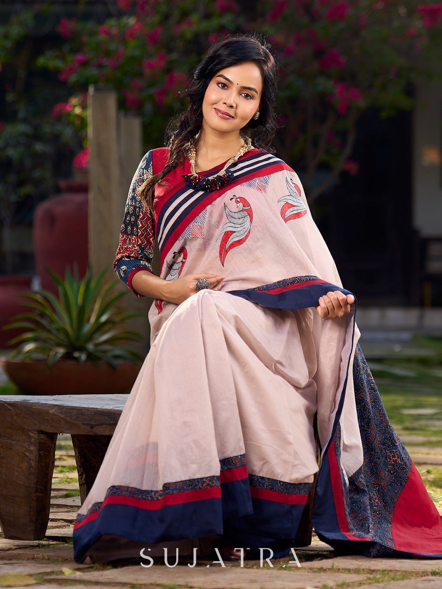 Beige Chanderi Saree With Ajrakh Accents And Vibrant Borders and Delicate Hand Painting