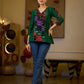 Graceful Green Cotton Silk Top with Ikat Patchwork and V Neck Detail