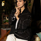 Bold Black Cotton Shirt with Abstract Embroidered Lines and Crochet Lace Accents