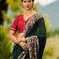 Classic Bottle Green Georgette Saree with Kalamkari Border Detailing & Ajrakh Highlight