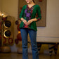 Graceful Green Cotton Silk Top with Ikat Patchwork and V Neck Detail