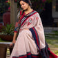 Beige Chanderi Saree With Ajrakh Accents And Vibrant Borders and Delicate Hand Painting