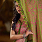 Mehendi Green-Pink Mughal Floral Hand Block Print Cotton Saree