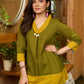 Earthcrafted Olive Mustard Top with Kantha Stitches and Cowrie Shell Highlights