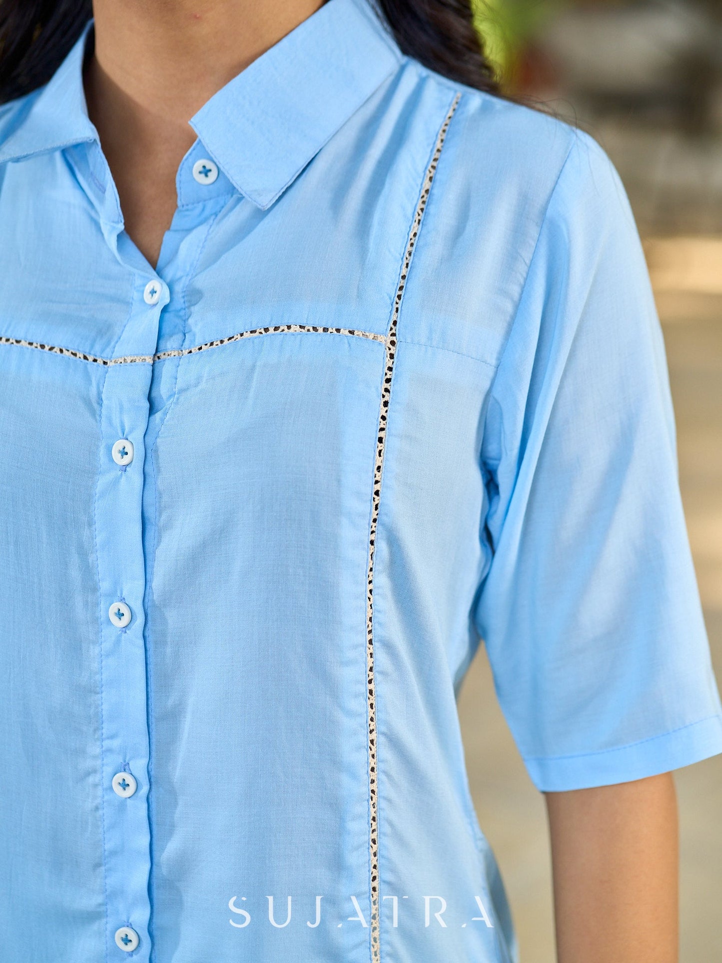 Powder Blue Modal Shirt Accented With Subtle Lace Details