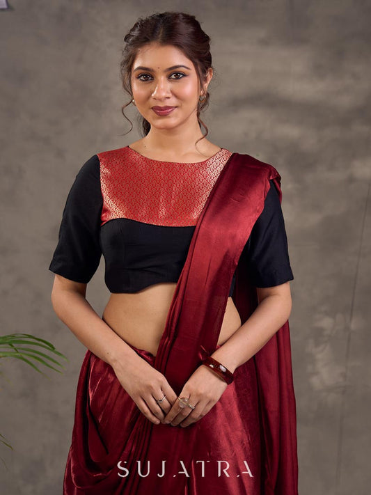 Midnight Black Cotton Silk Blouse with Antique Maroon Benarasi Boat Neck Yoke