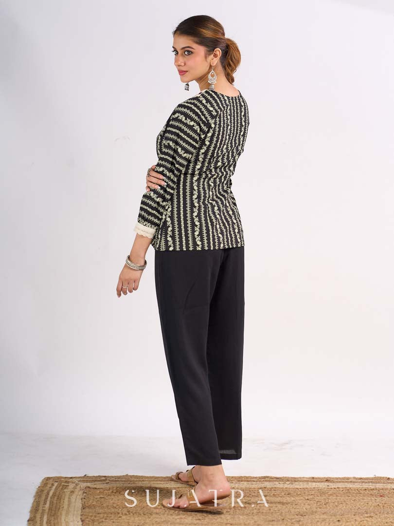 Black Cotton Contemporary Top with Ethnic Stripe Pattern and Embroidered Neckline