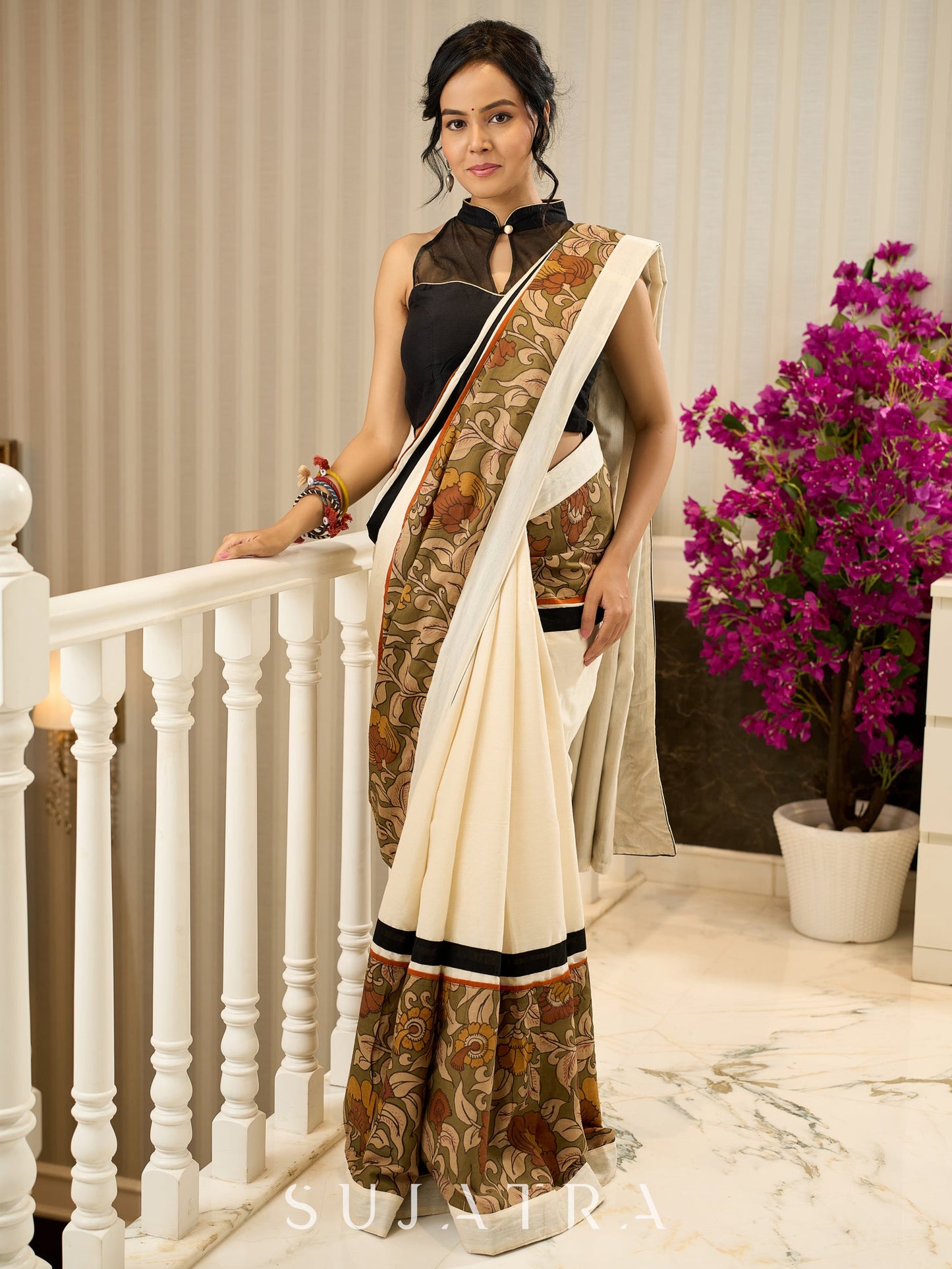 Elegant off white cotton saree with exclusive kalamkari combination