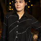 Bold Black Cotton Shirt with Abstract Embroidered Lines and Crochet Lace Accents