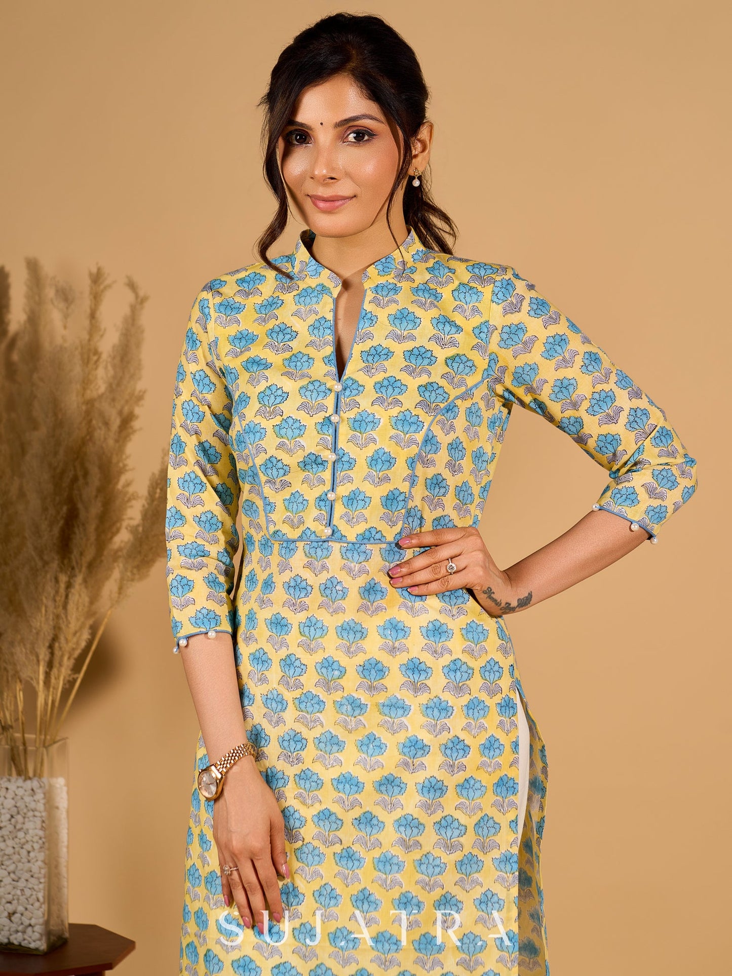 Lush Lemon Mul Cotton Kurta with Contrast Piping and Delicate Pearl Embellishments