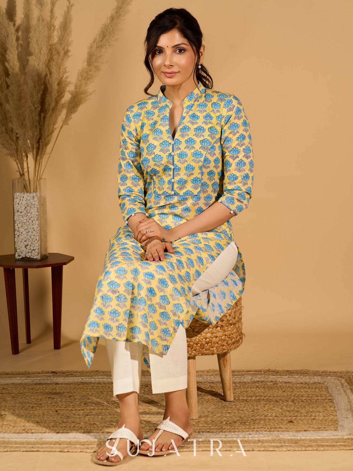 Lush Lemon Mul Cotton Kurta with Contrast Piping and Delicate Pearl Embellishments