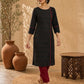 Structured Black Ikat Cotton Kurta with Bold Maroon Piping & Coordinated Sleeve Buttons