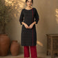Structured Black Ikat Cotton Kurta with Bold Maroon Piping & Coordinated Sleeve Buttons