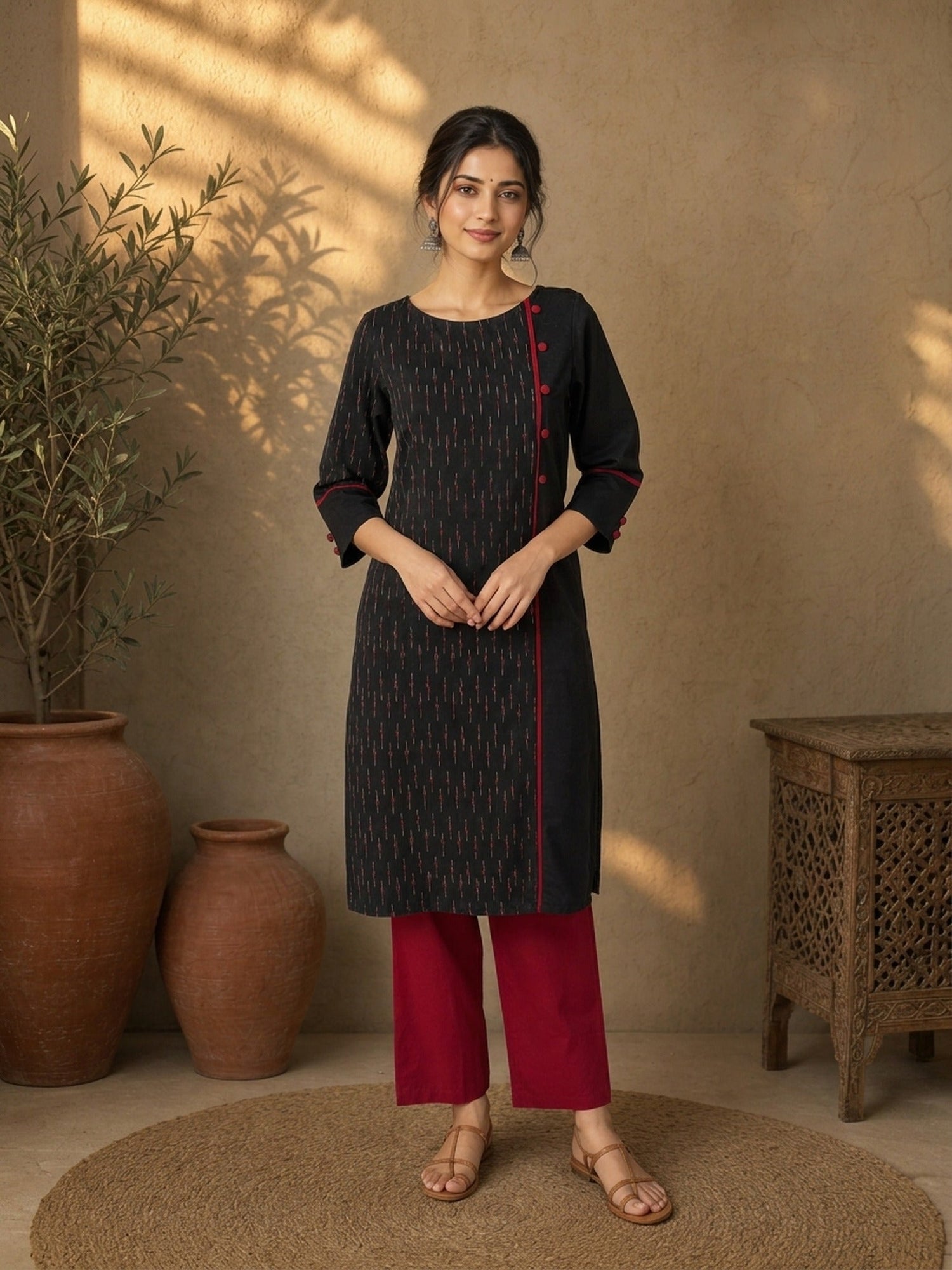 Structured Black Ikat Cotton Kurta with Bold Maroon Piping & Coordinated Sleeve Buttons