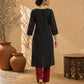 Structured Black Ikat Cotton Kurta with Bold Maroon Piping & Coordinated Sleeve Buttons