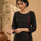 Structured Black Ikat Cotton Kurta with Bold Maroon Piping & Coordinated Sleeve Buttons