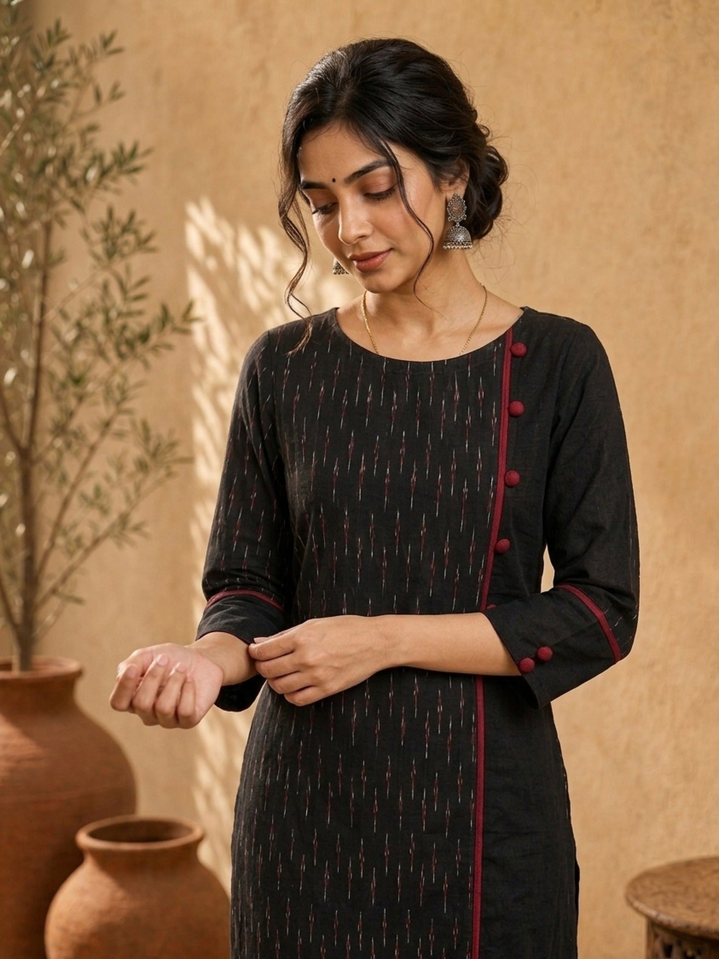 Structured Black Ikat Cotton Kurta with Bold Maroon Piping & Coordinated Sleeve Buttons