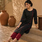 Structured Black Ikat Cotton Kurta with Bold Maroon Piping & Coordinated Sleeve Buttons