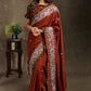 Brown Rayon saree with delicate embroidery and Ajrakh border