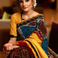 Exclusive gond tribal art painted cotton saree with Ajrakh block printed combination pleats