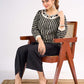 Black Cotton Contemporary Top with Ethnic Stripe Pattern and Embroidered Neckline