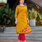 Classic Mustard Cotton Kurta with Delicate Kashida Embroidery & Contrast Pink Accents
