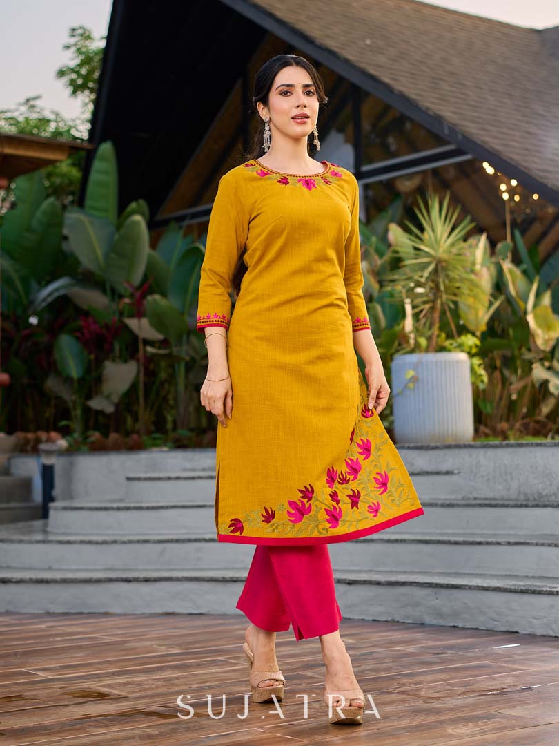 Classic Mustard Cotton Kurta with Delicate Kashida Embroidery & Contrast Pink Accents
