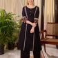 Bold Black Cotton Kurta with Contrast Floral Sleeve Cuffs and Stripe Border Detail