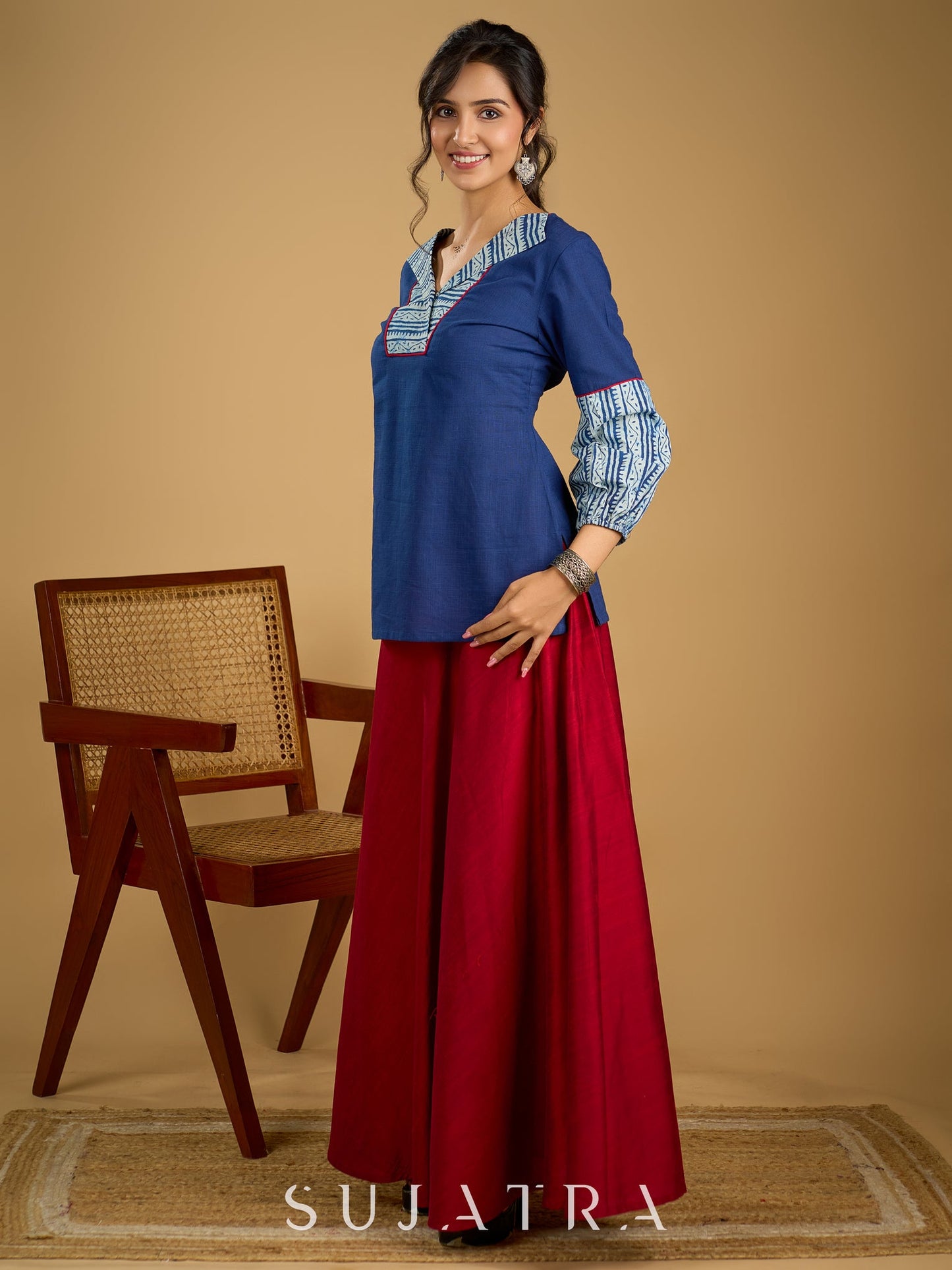 Classic indigo cotton top featuring smart and elegant collar design - skirt optional