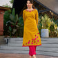 Classic Mustard Cotton Kurta with Delicate Kashida Embroidery & Contrast Pink Accents