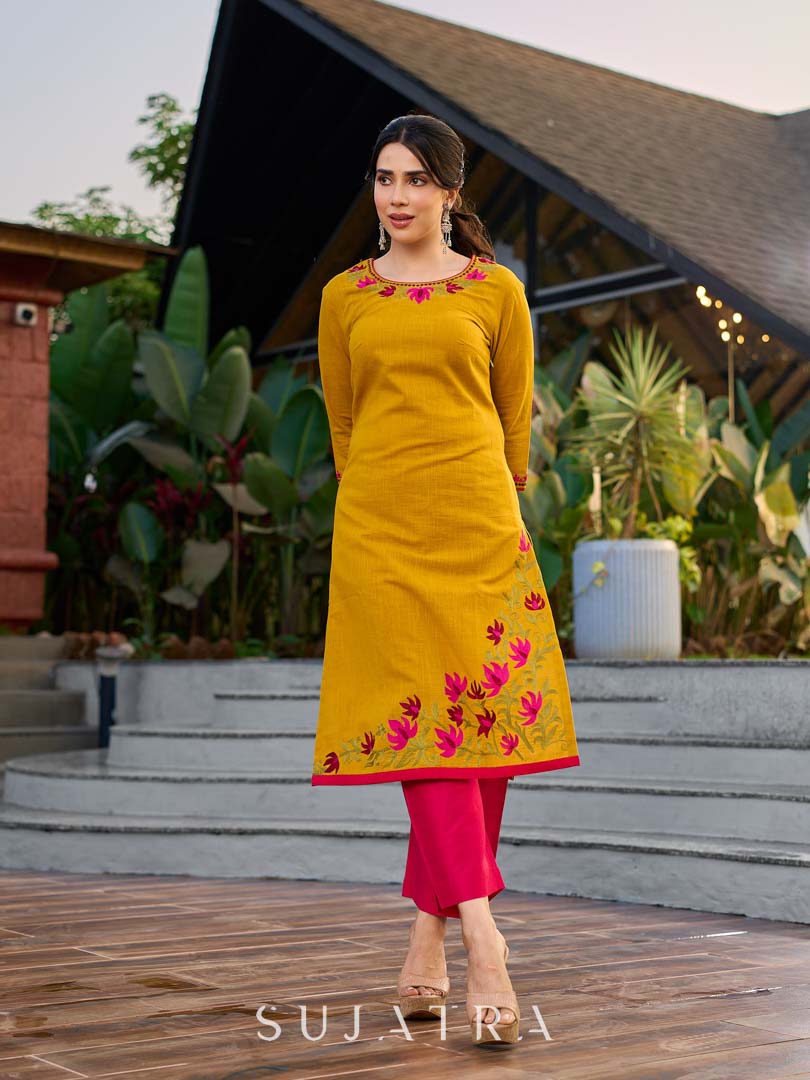 Classic Mustard Cotton Kurta with Delicate Kashida Embroidery & Contrast Pink Accents