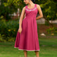 Charming Magenta Cotton Dress with Flared Hem, Ivory Highlights, and Hand-Painted Floral Neckline - Jacket Optional