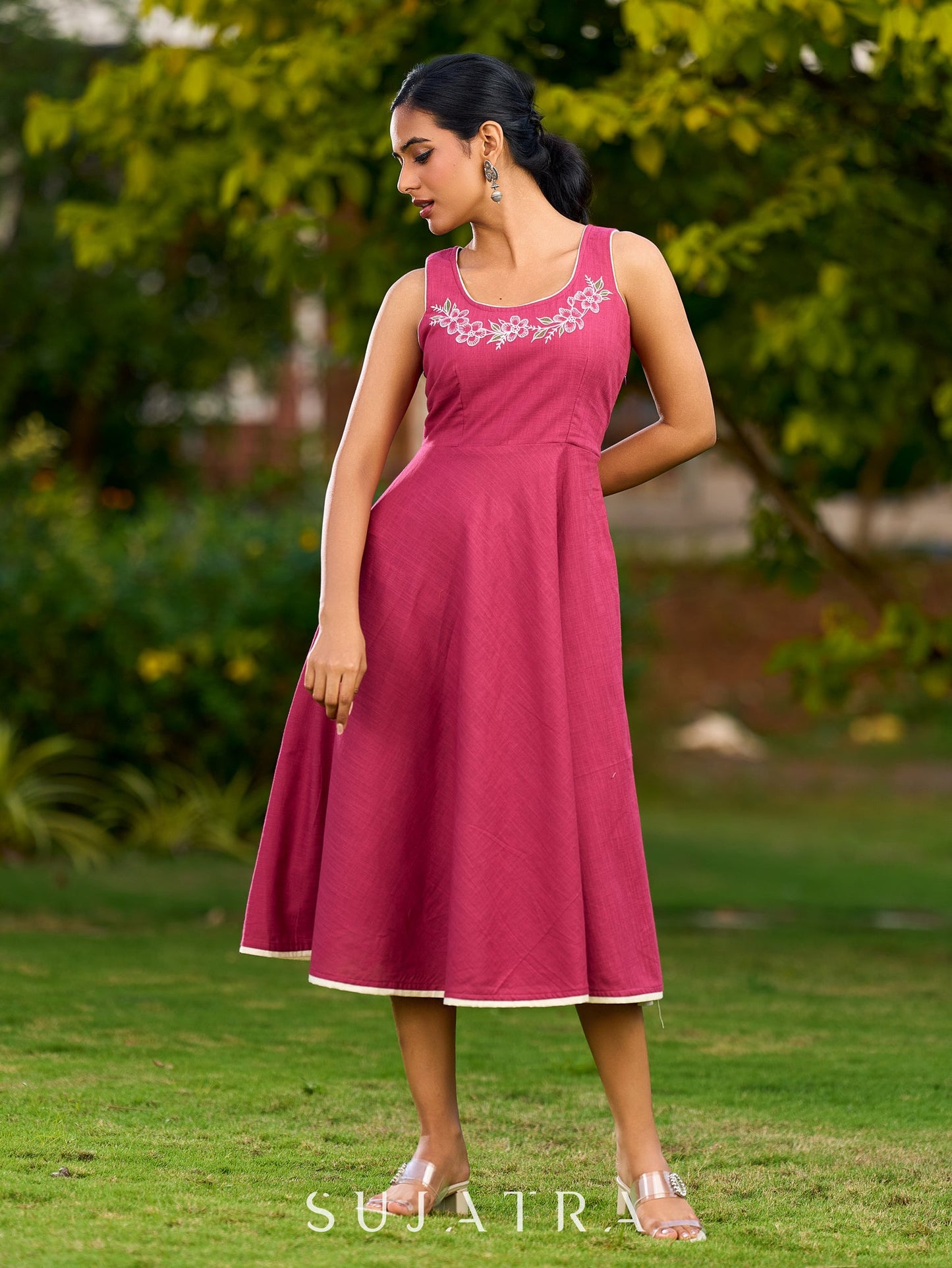 Charming Magenta Cotton Dress with Flared Hem, Ivory Highlights, and Hand-Painted Floral Neckline - Jacket Optional