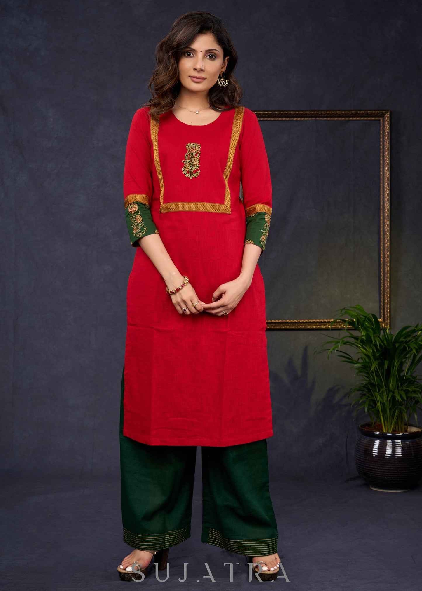 Graceful-Red-Cotton-Straight-Cut-Kurta-With-Ajrakh-Combination-Highlighted-With-Floral-Ajrakh-Applique-On-The-Yoke--Pant-Optional