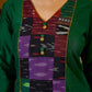 Graceful Green Cotton Silk Top with Ikat Patchwork and V Neck Detail