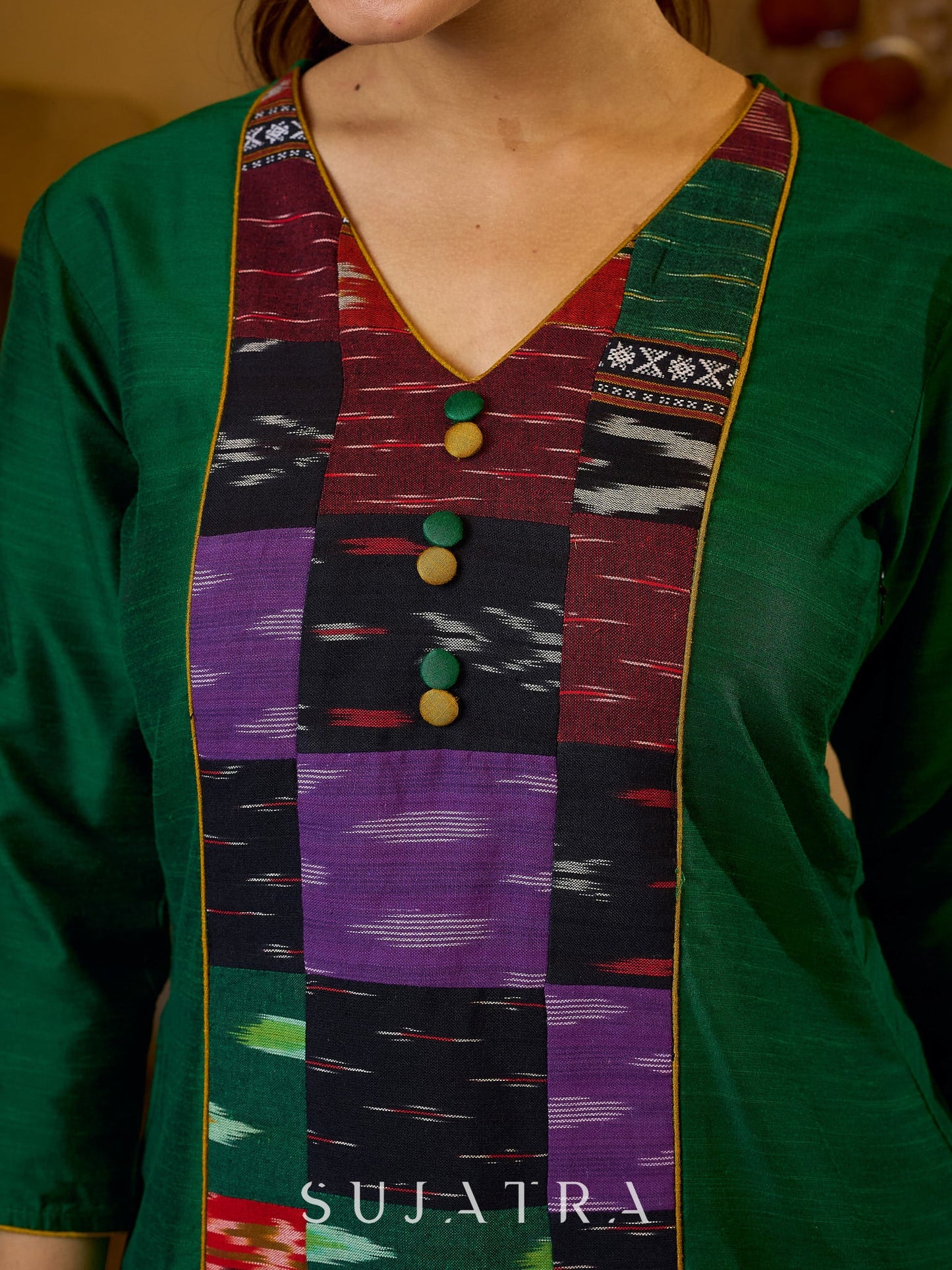 Graceful Green Cotton Silk Top with Ikat Patchwork and V Neck Detail