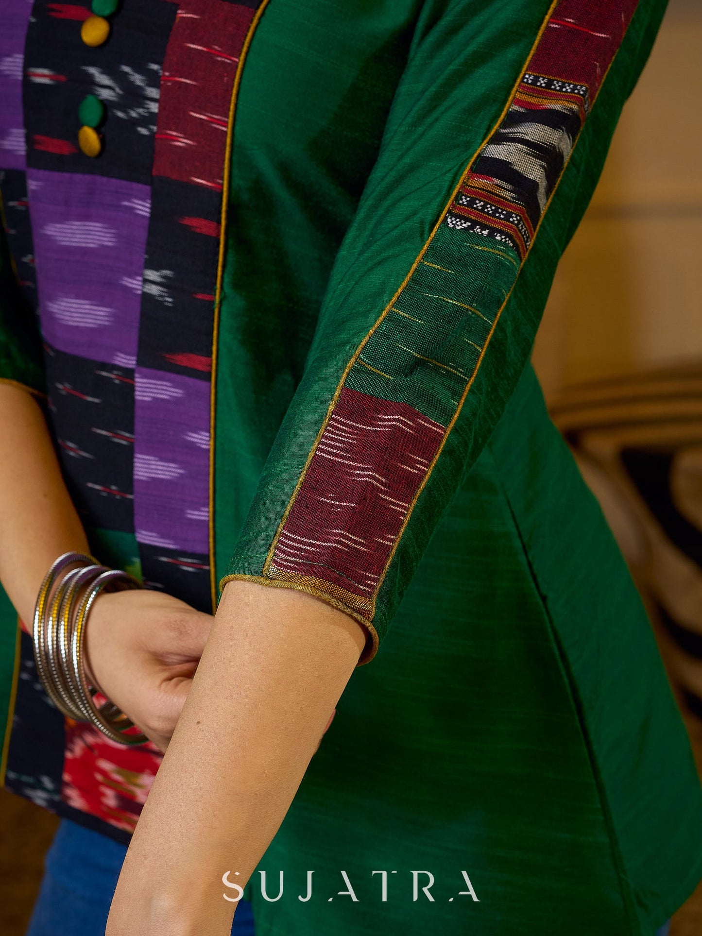 Graceful Green Cotton Silk Top with Ikat Patchwork and V Neck Detail