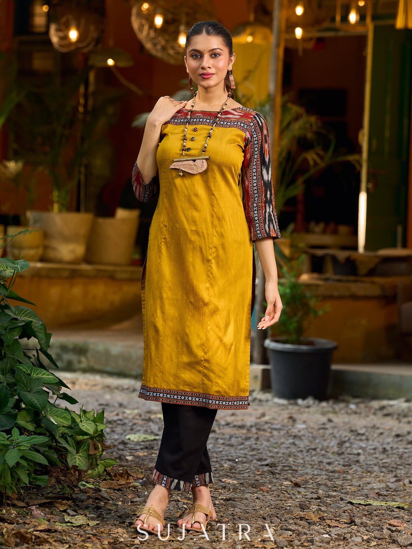 Stunning mustard cotton-silk kurta highlighted with black Ikat