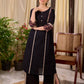 Bold Black Cotton Kurta with Contrast Floral Sleeve Cuffs and Stripe Border Detail