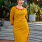 Classic Mustard Cotton Kurta with Delicate Kashida Embroidery & Contrast Pink Accents