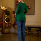 Graceful Green Cotton Silk Top with Ikat Patchwork and V Neck Detail