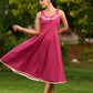 Charming Magenta Cotton Dress with Flared Hem, Ivory Highlights, and Hand-Painted Floral Neckline - Jacket Optional