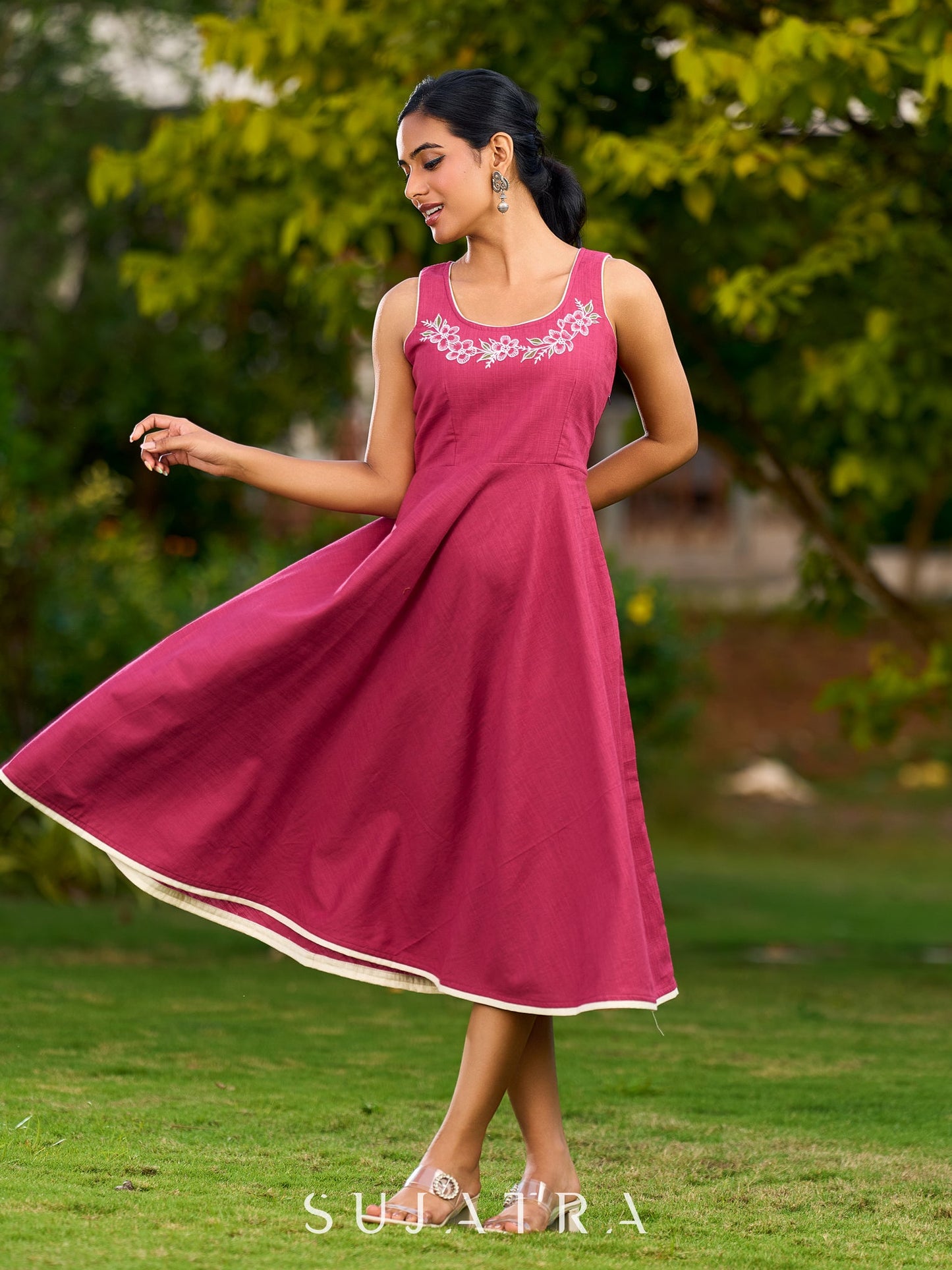 Charming Magenta Cotton Dress with Flared Hem, Ivory Highlights, and Hand-Painted Floral Neckline - Jacket Optional