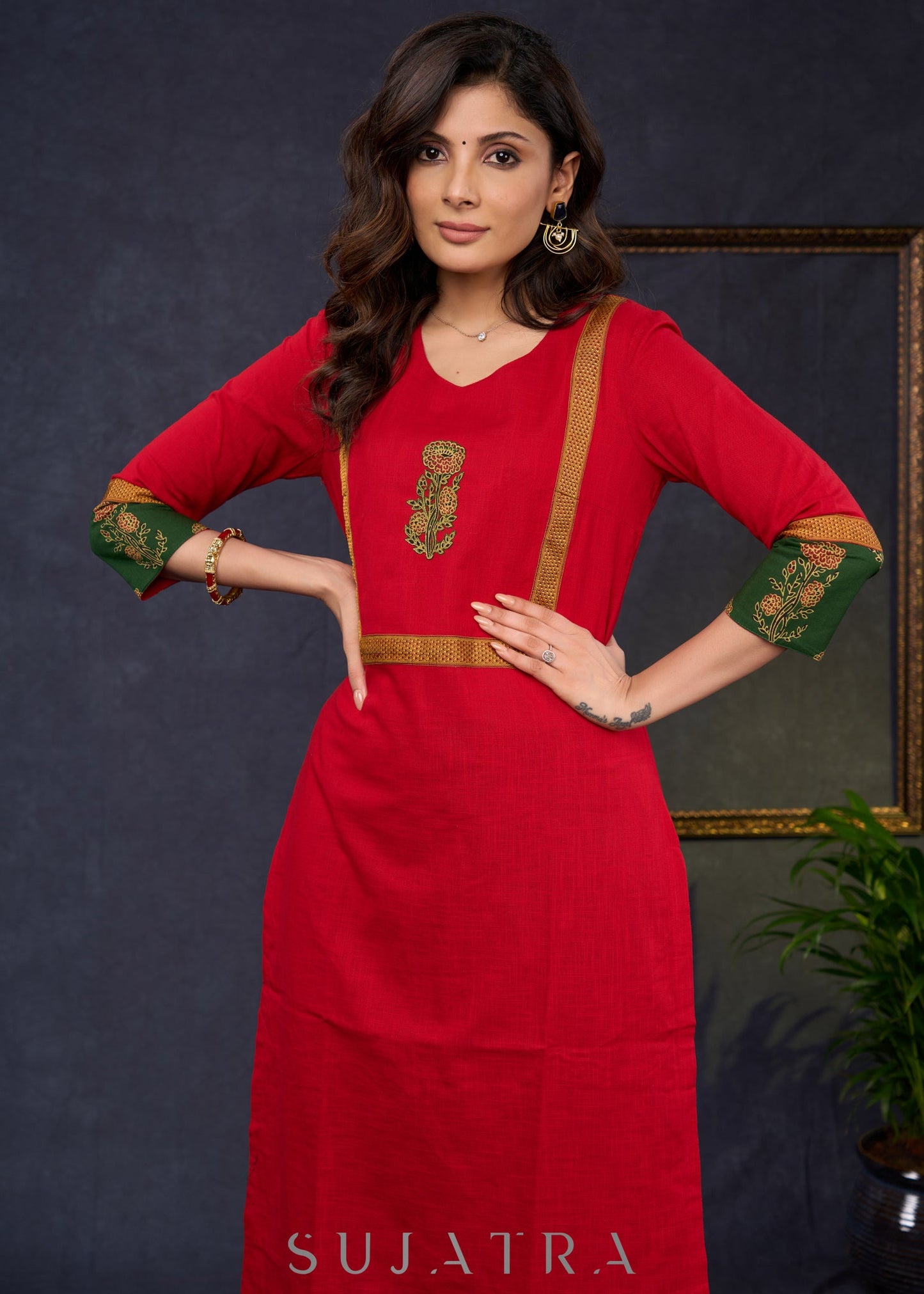 Graceful-Red-Cotton-Straight-Cut-Kurta-With-Ajrakh-Combination-Highlighted-With-Floral-Ajrakh-Applique-On-The-Yoke--Pant-Optional