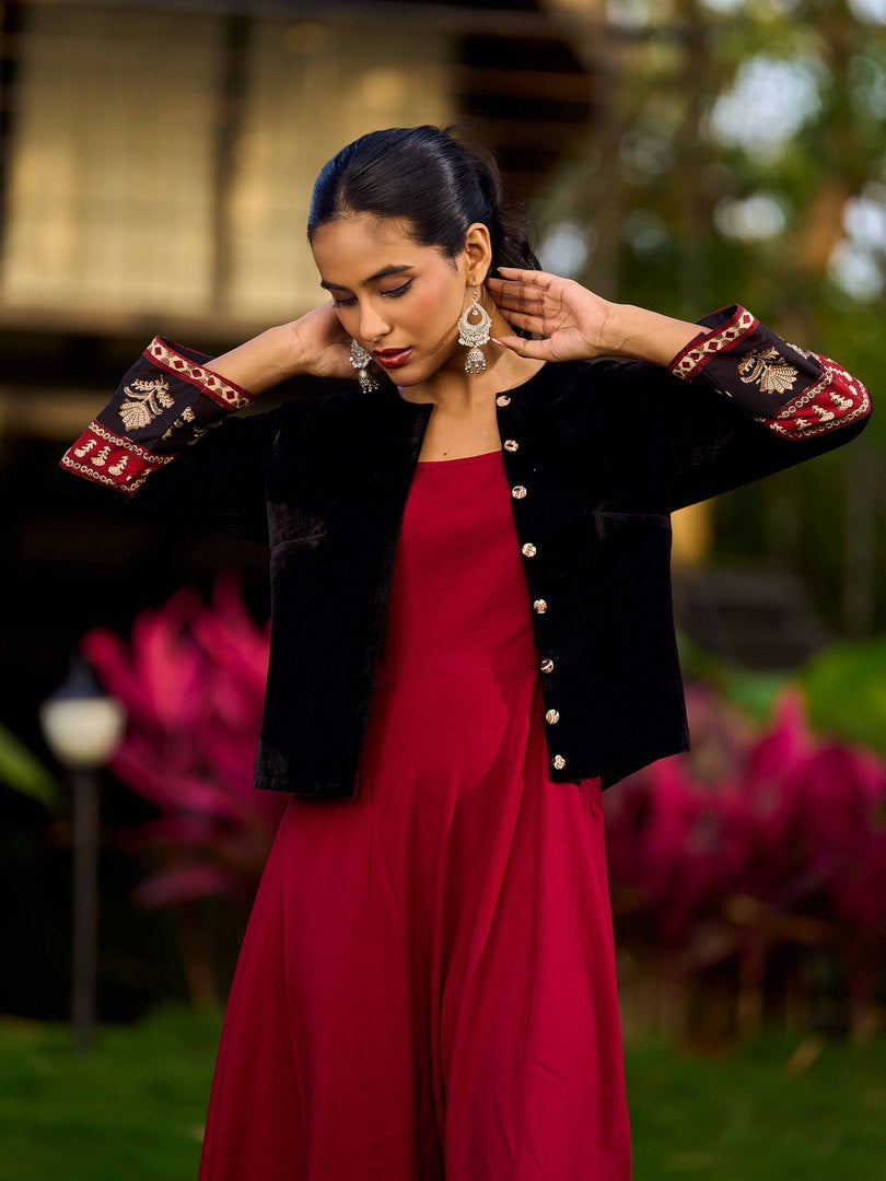 Black Velvet Jacket With Maroon Printed Border Detailing