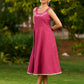 Charming Magenta Cotton Dress with Flared Hem, Ivory Highlights, and Hand-Painted Floral Neckline - Jacket Optional