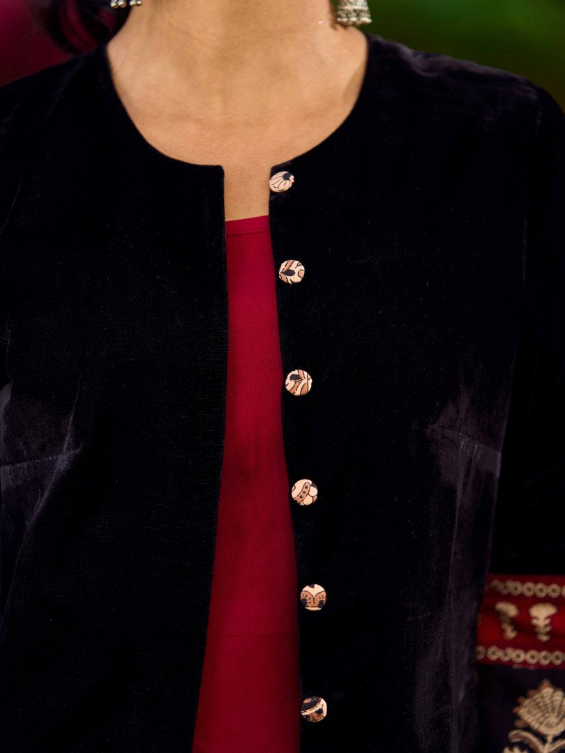 Black Velvet Jacket With Maroon Printed Border Detailing